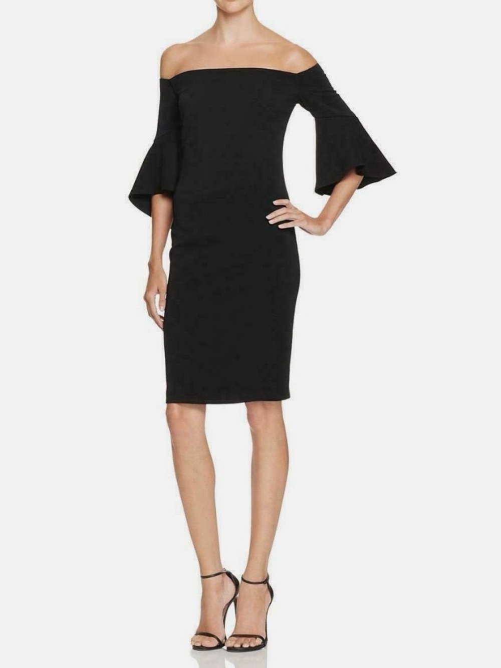 NWT Laundry By Shelli Segal Black Off-Shoulder Bell-Sleeve Sheath Dress Sz 0